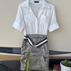 VENUS White and Gray Ruched Dress with Belt